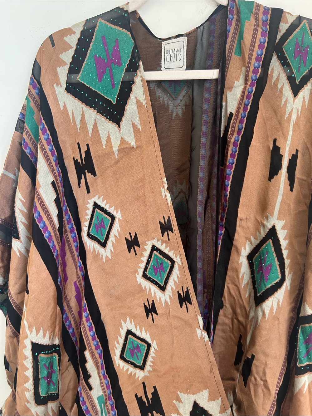 Runaway Child Southwestern Kimono Jacket in Rust with Teal & Purple